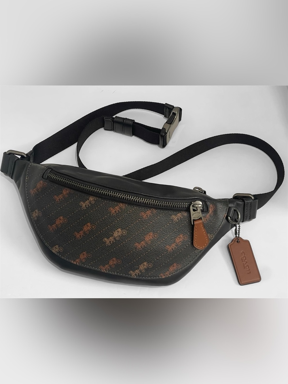Coach Warren Mini Belt Bag in black with the Horse and Carriage dot print. - Picture 9 of 9